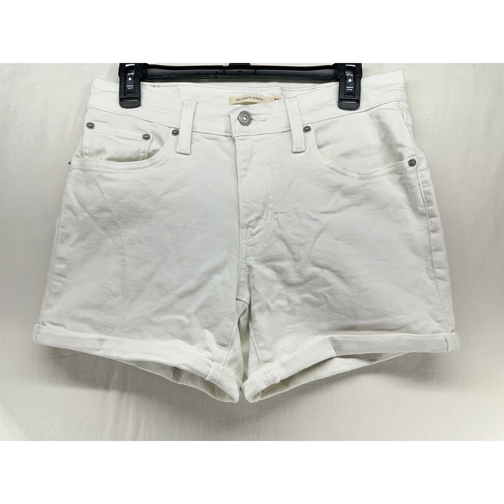 Levis Mid Length Denim Shorts Size 30 White Cuffed Mid Rise Stretch Jean Shorts